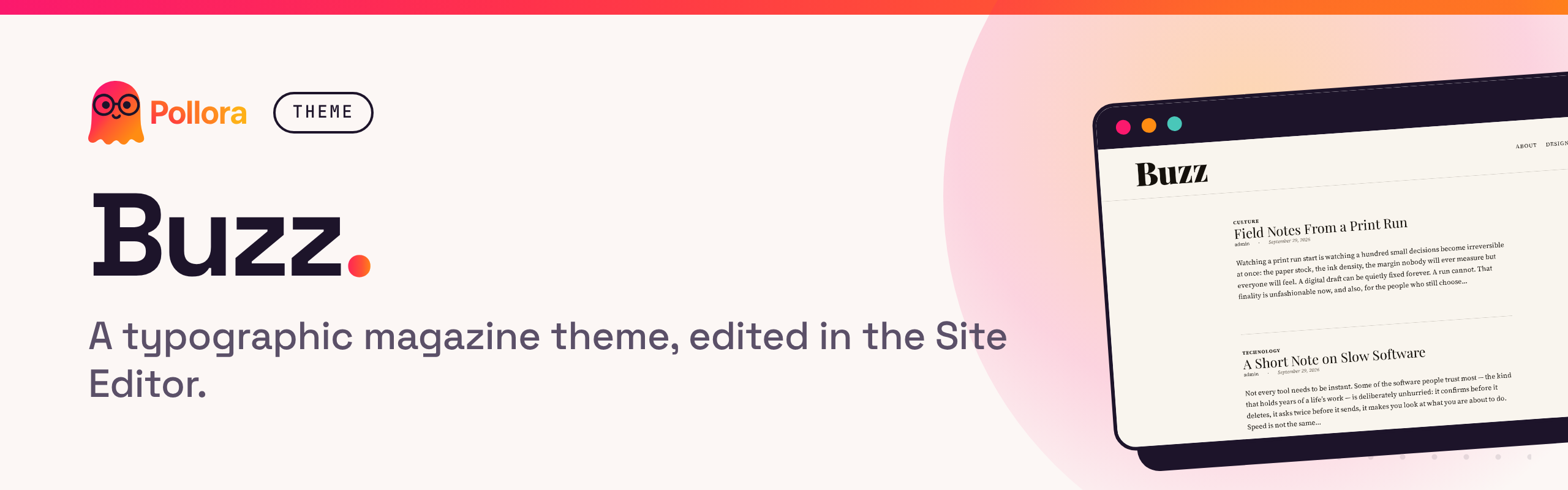 Buzz: a Full Site Editing magazine theme for Pollora