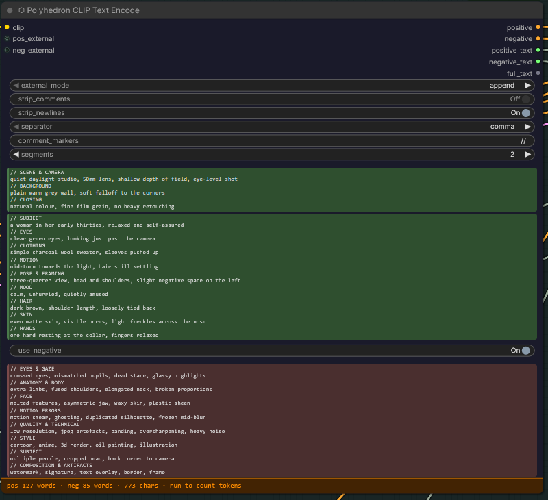 The same prompt with strip_comments off: 127 words instead of 99