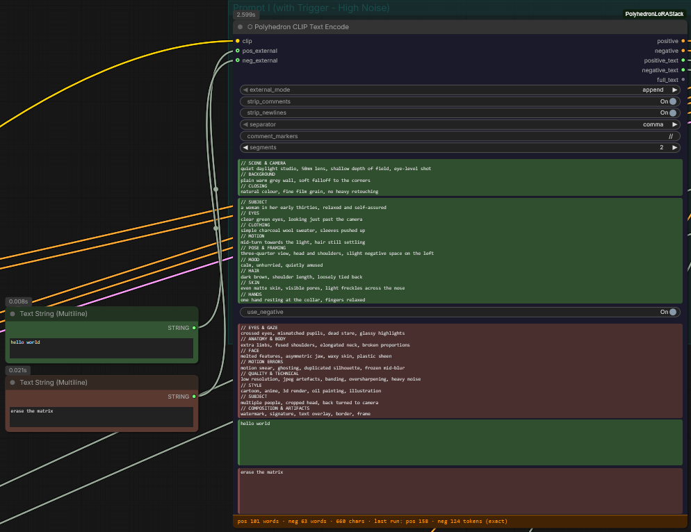 Two text nodes feeding the external inputs in append mode
