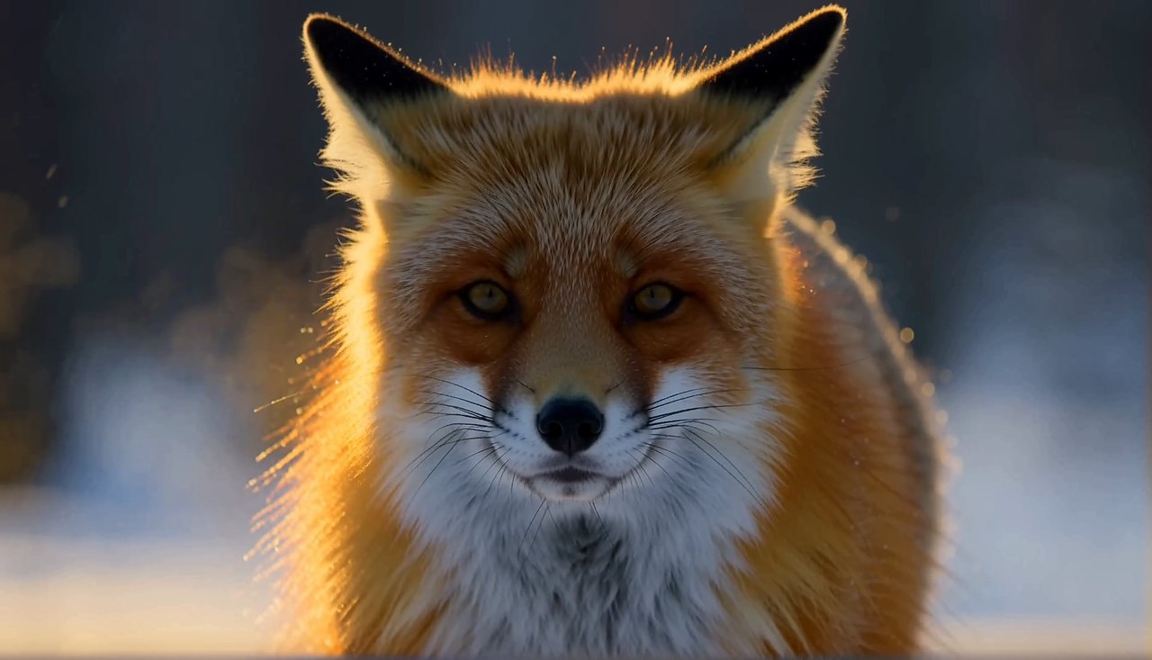 The fox, a frame of the template's run: the close-up, golden rim light, amber eyes