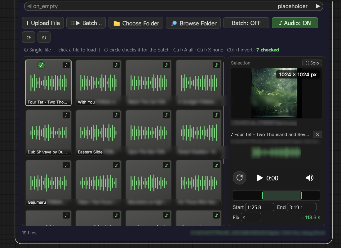 Audio paired with a still: companion pane under the Selection