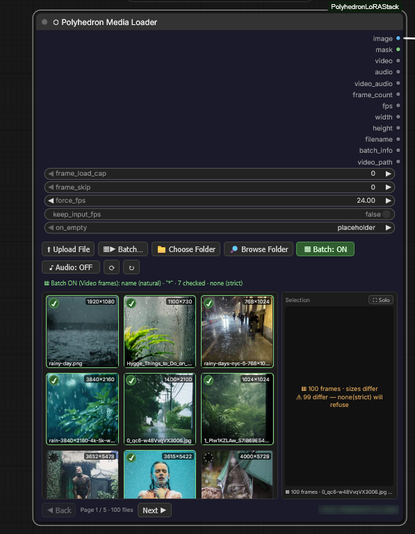 Batch armed: green Batch button, status line and batch info in the Selection