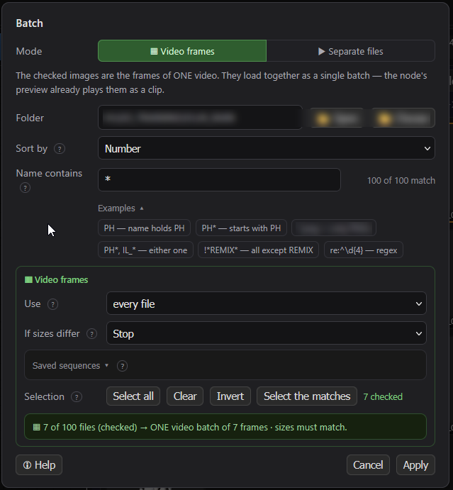 The batch panel in Video-frames mode, examples row expanded