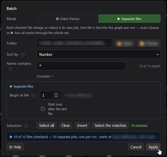 The batch panel in Separate-files mode