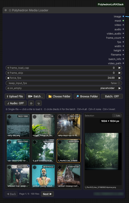 Tile grid with a loaded file in the Selection panel