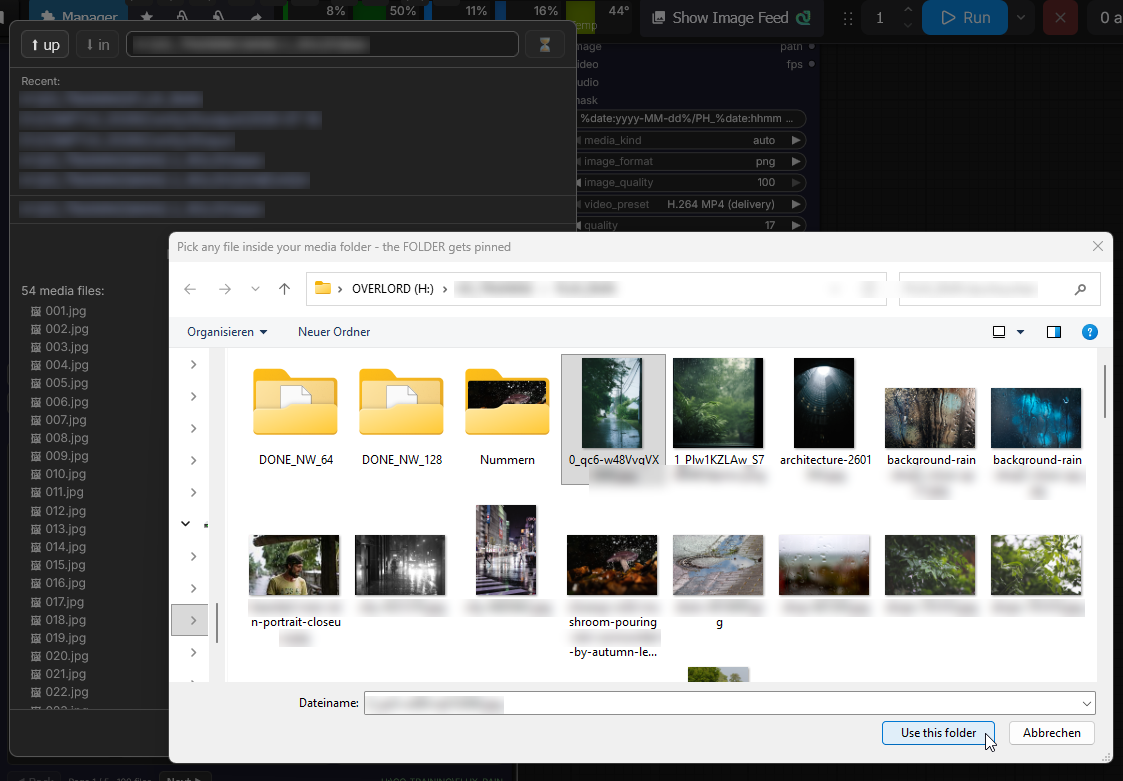 Native Windows dialog in file mode — pick any file, its folder gets pinned