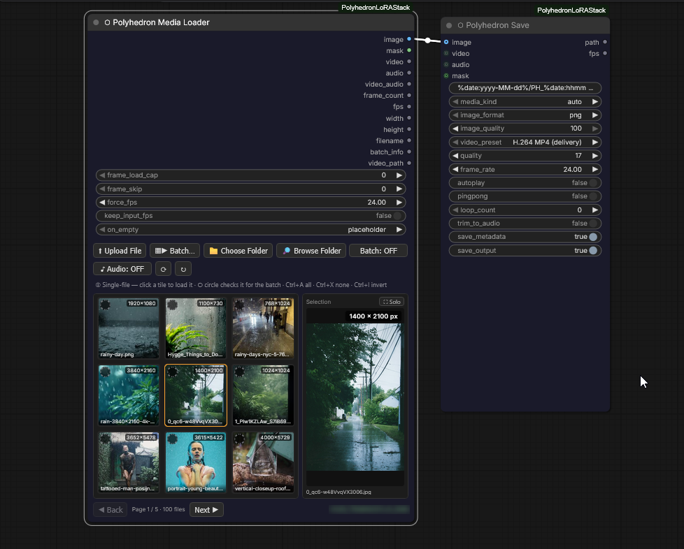 Media Loader wired into Save: tile grid, selection panel and the pinned folder