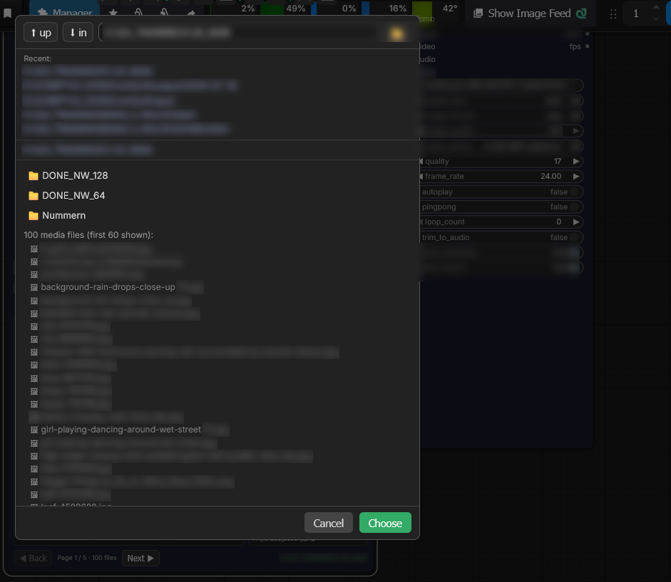 In-canvas picker: recents, subfolder rows and the media-file peek