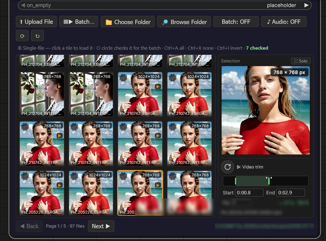 Video selected: preview with the trim pane underneath