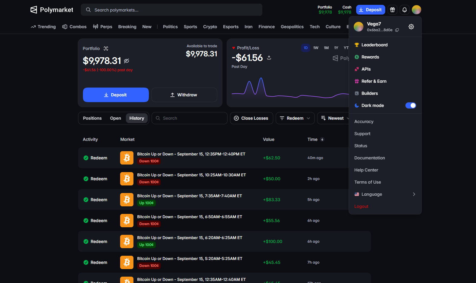 PolyTutor @vega7 public Polymarket profile