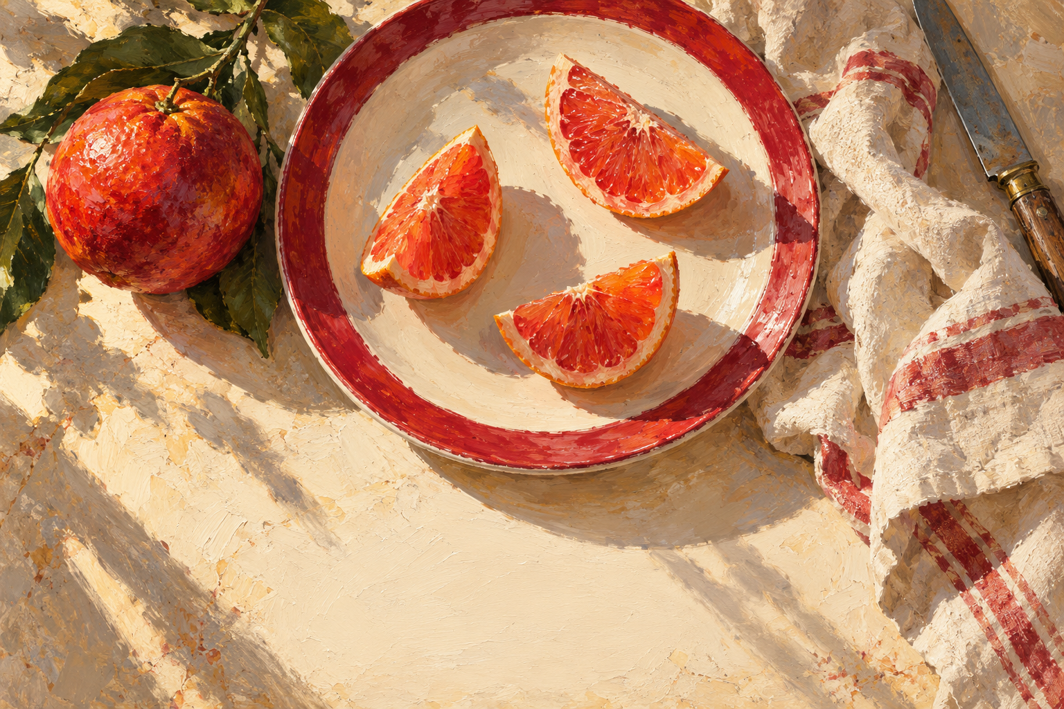 An oil painting of three coral citrus wedges on a crimson-rimmed ceramic plate, surrounded by cream linen.