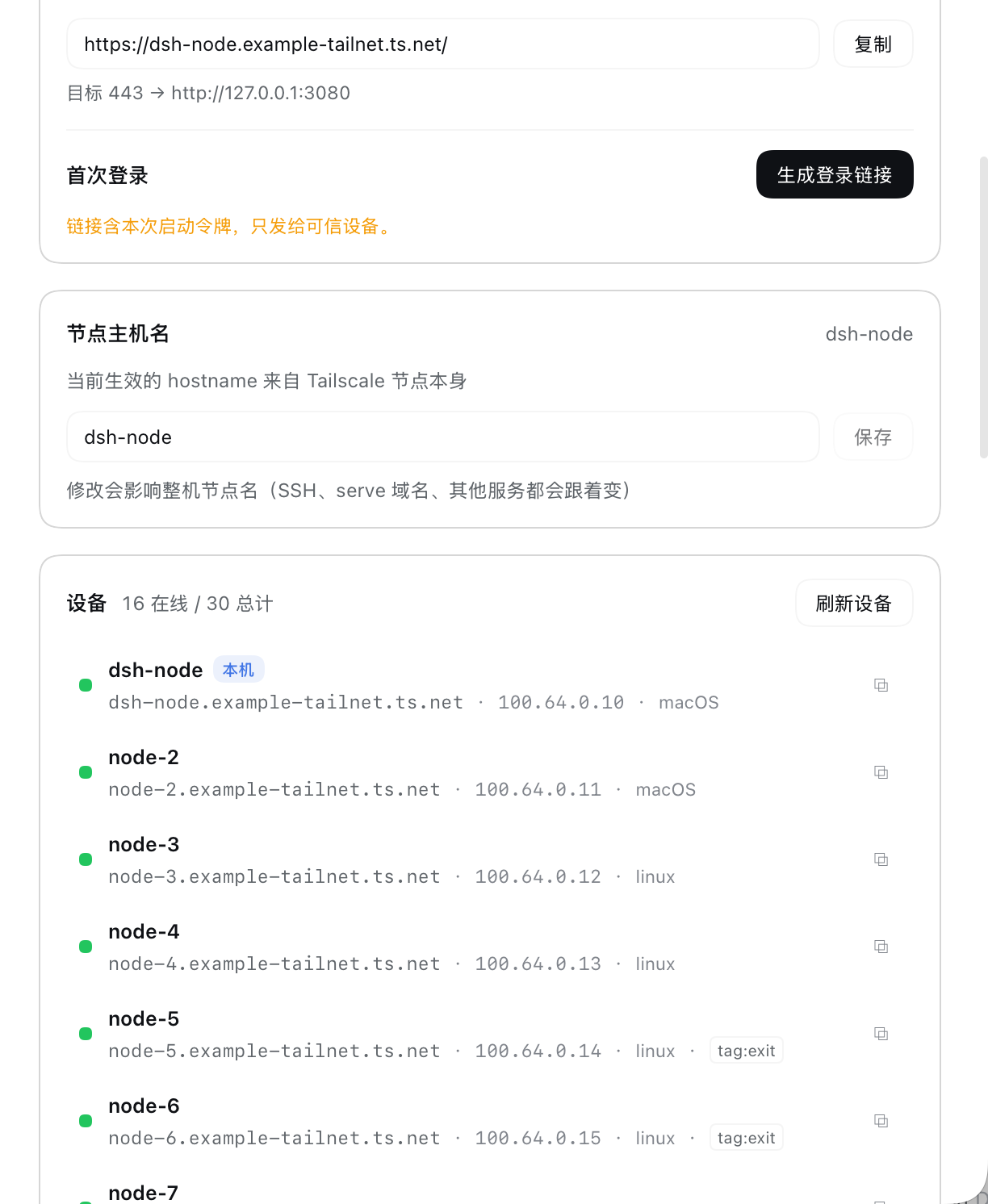 设备清单：在线/离线、域名、IP、系统与 tags