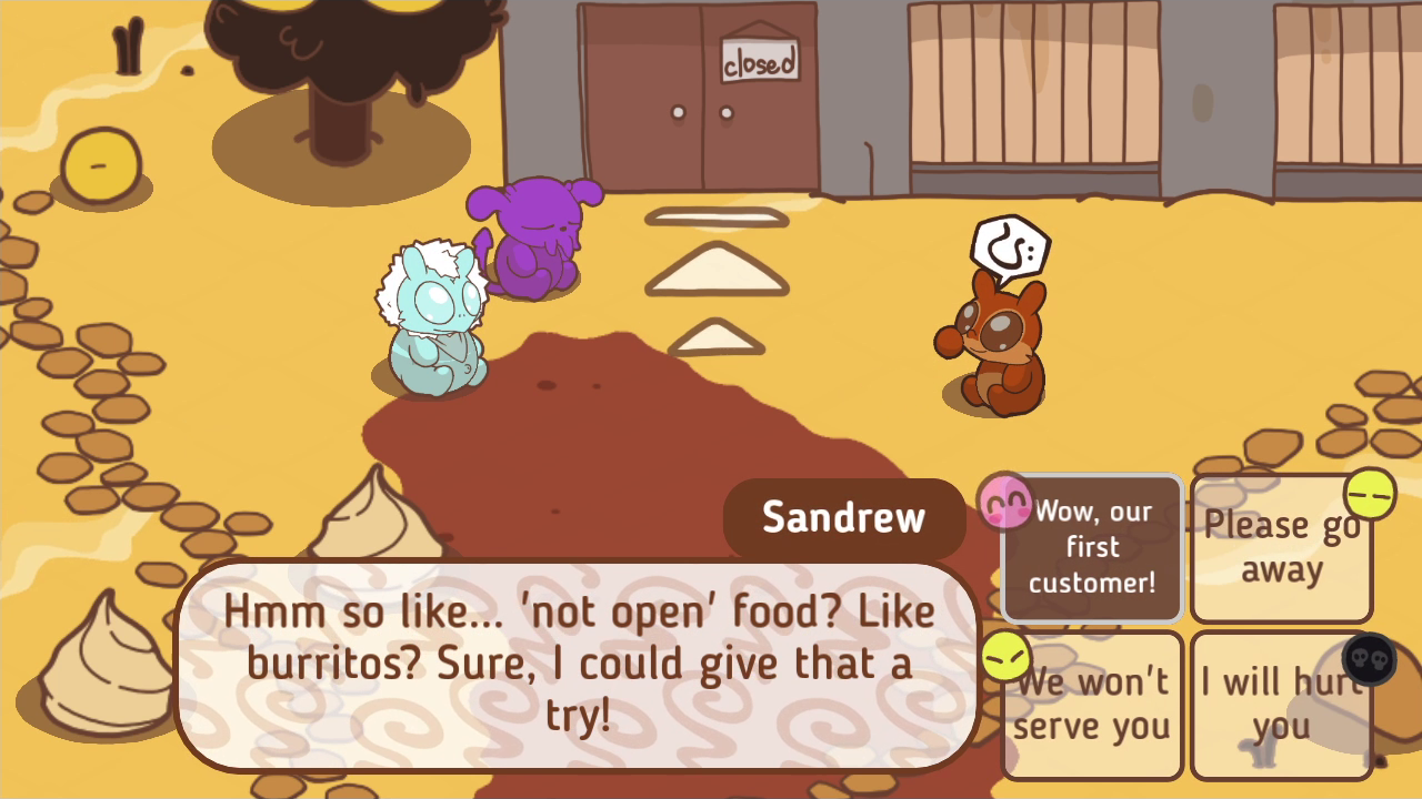 Game screenshot monsters talking outdoors, surrounded by some boxy terrain.
