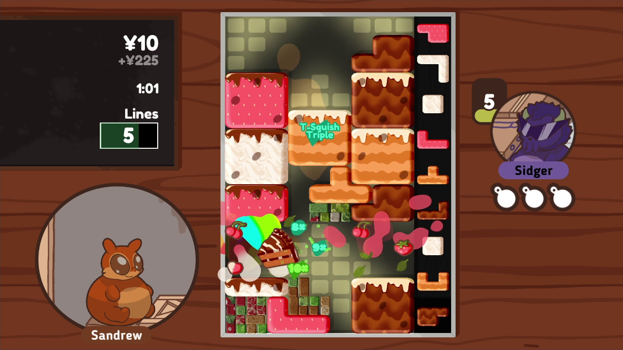 Game screenshot showing blocks of food in a playfield, while a chubby monster sits at a table.