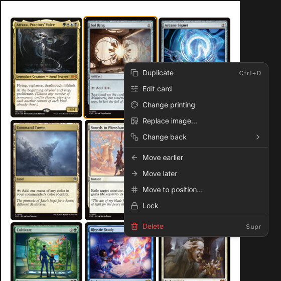 Each card's menu