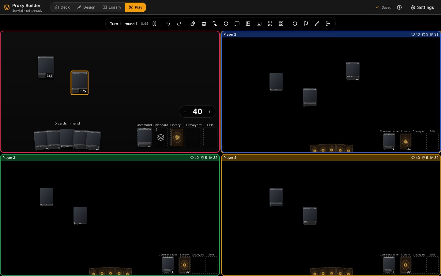 Four boards in a grid, each with its player's colour