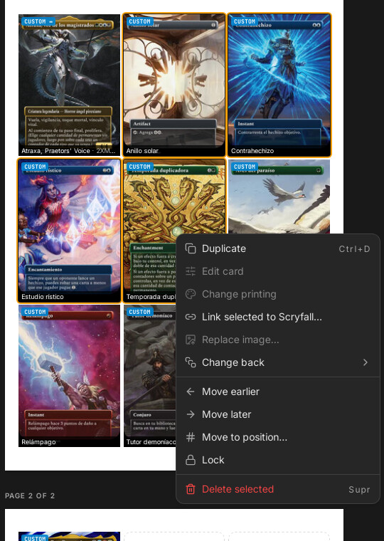 Linking the selected cards from the menu