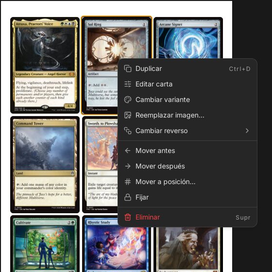 El menú de cada carta