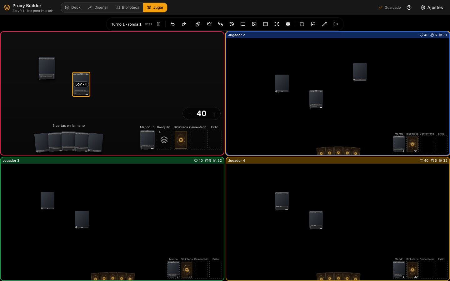 Cuatro tableros en rejilla, cada uno con el color de su jugador