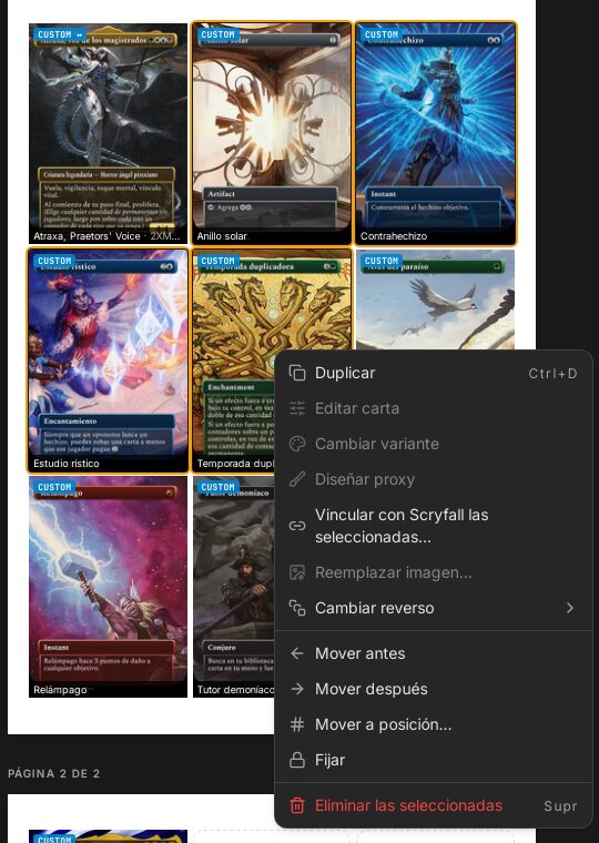 Vincular las cartas seleccionadas desde el menú