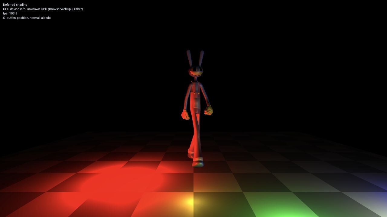 Animated rabbit-like Jax character walking across a checkerboard floor under colored deferred lights