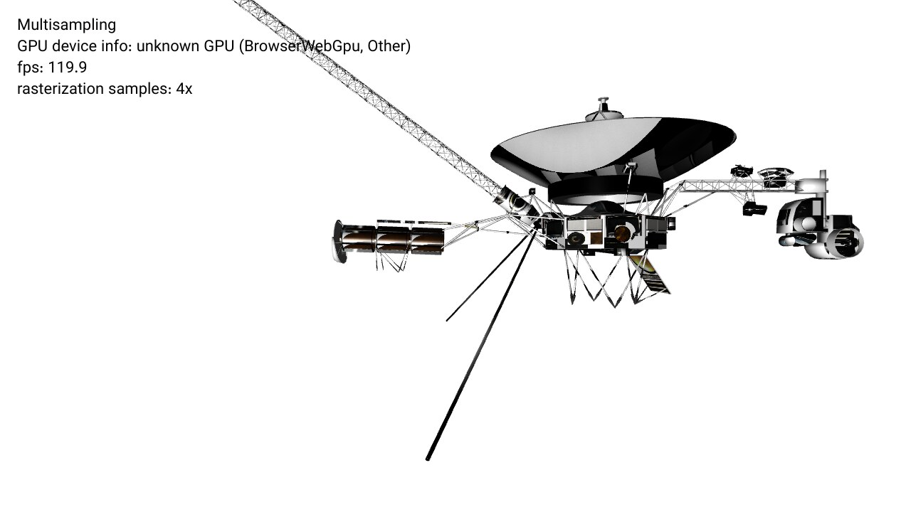 A white and black Voyager space probe with a dish antenna and long lattice boom