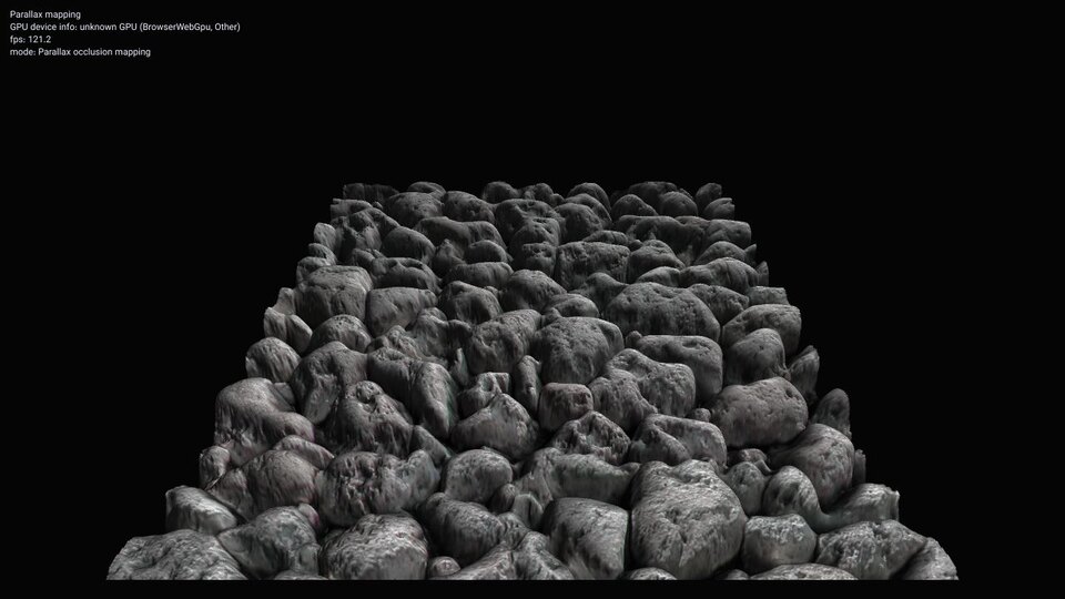 A flat plane appearing densely covered with raised rocks through parallax occlusion mapping