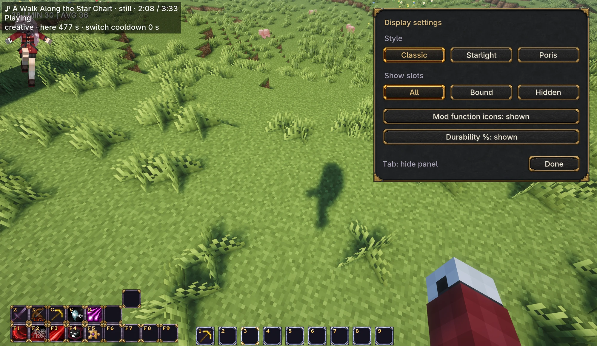 Choose a theme, slot visibility, mod icons, and durability percentages
