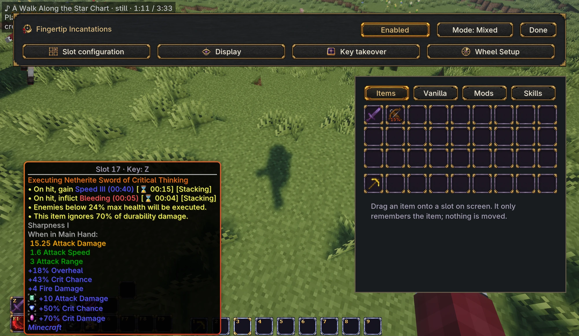 An item slot shows the item's own tooltip, slot number, shortcut, and relevant status