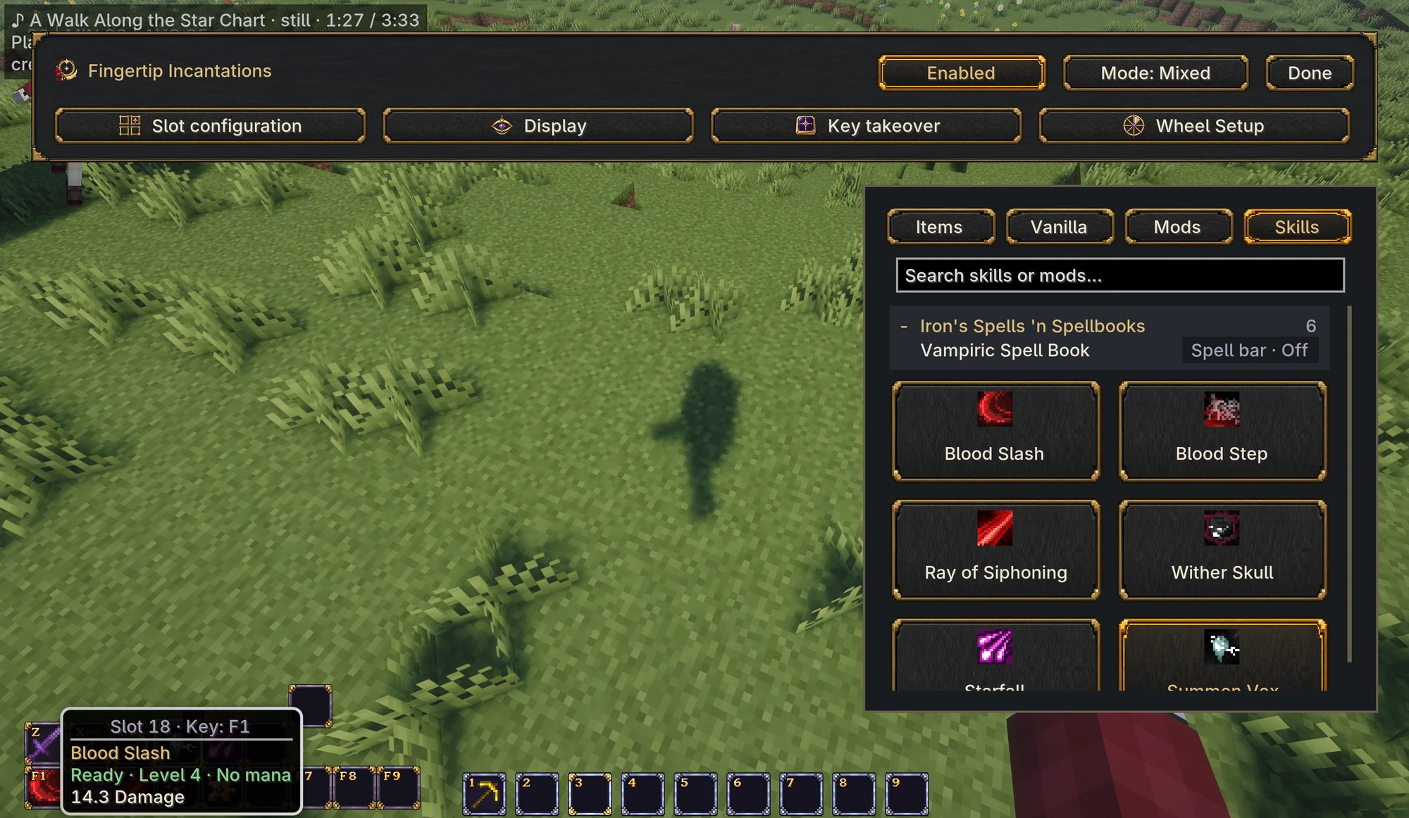 The Skills page groups supported spells by mod; a skill slot shows its readiness, level, resource state, and spell details
