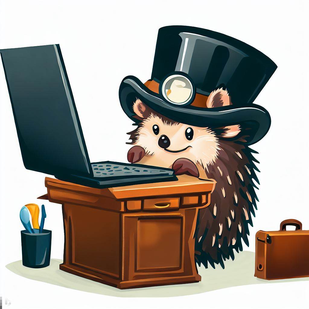 A hedgehog wearing a hat next to a computer with a toolbox