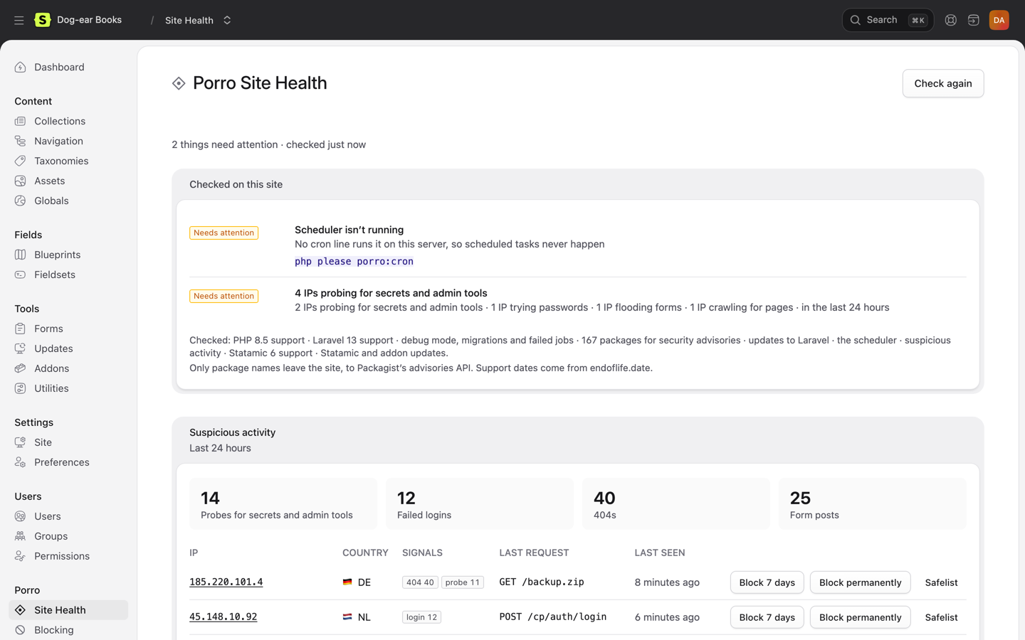 Porro → Site Health in the Statamic control panel: the suspicious activity summary and the IPs worth a look, each with Block 7 days, Block permanently and Safelist buttons