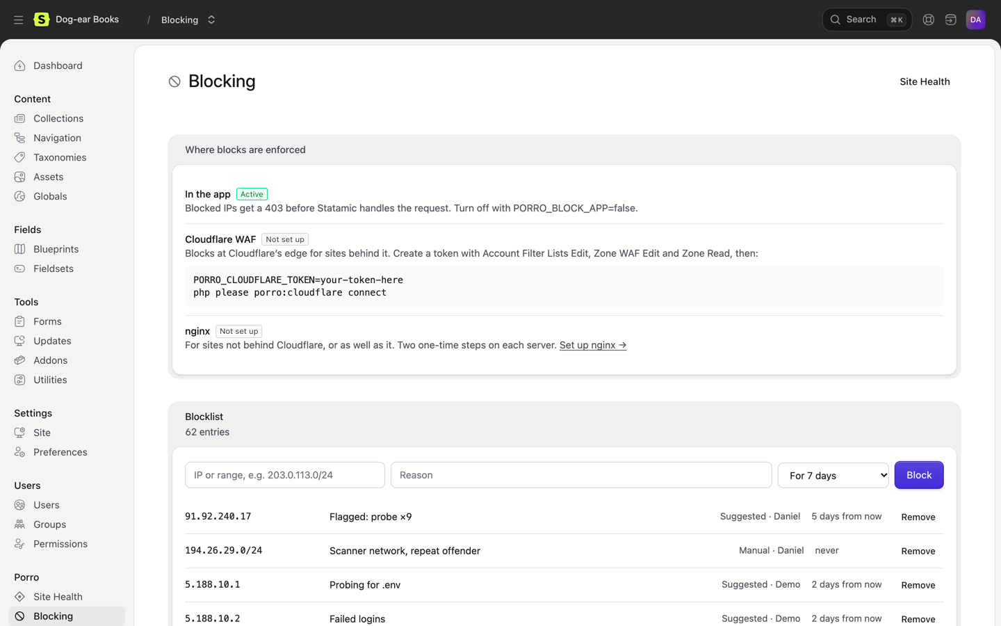 The Blocking page in the Statamic control panel: blocking in the app, at Cloudflare and in nginx, above the blocklist