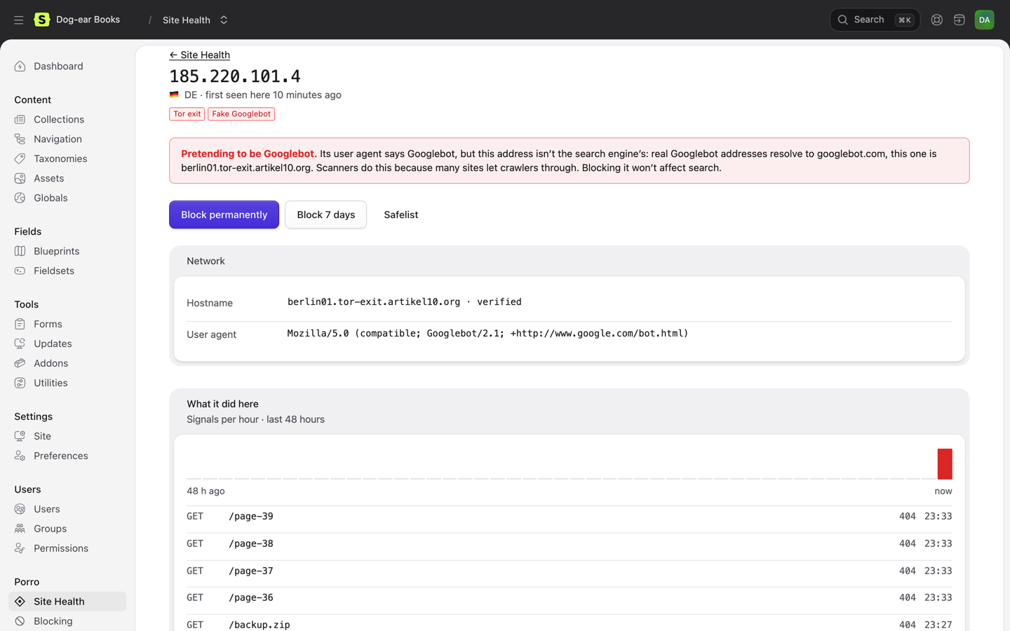 IP details in the Statamic control panel: an address pretending to be Googlebot, caught by its hostname, with buttons to block it or its range