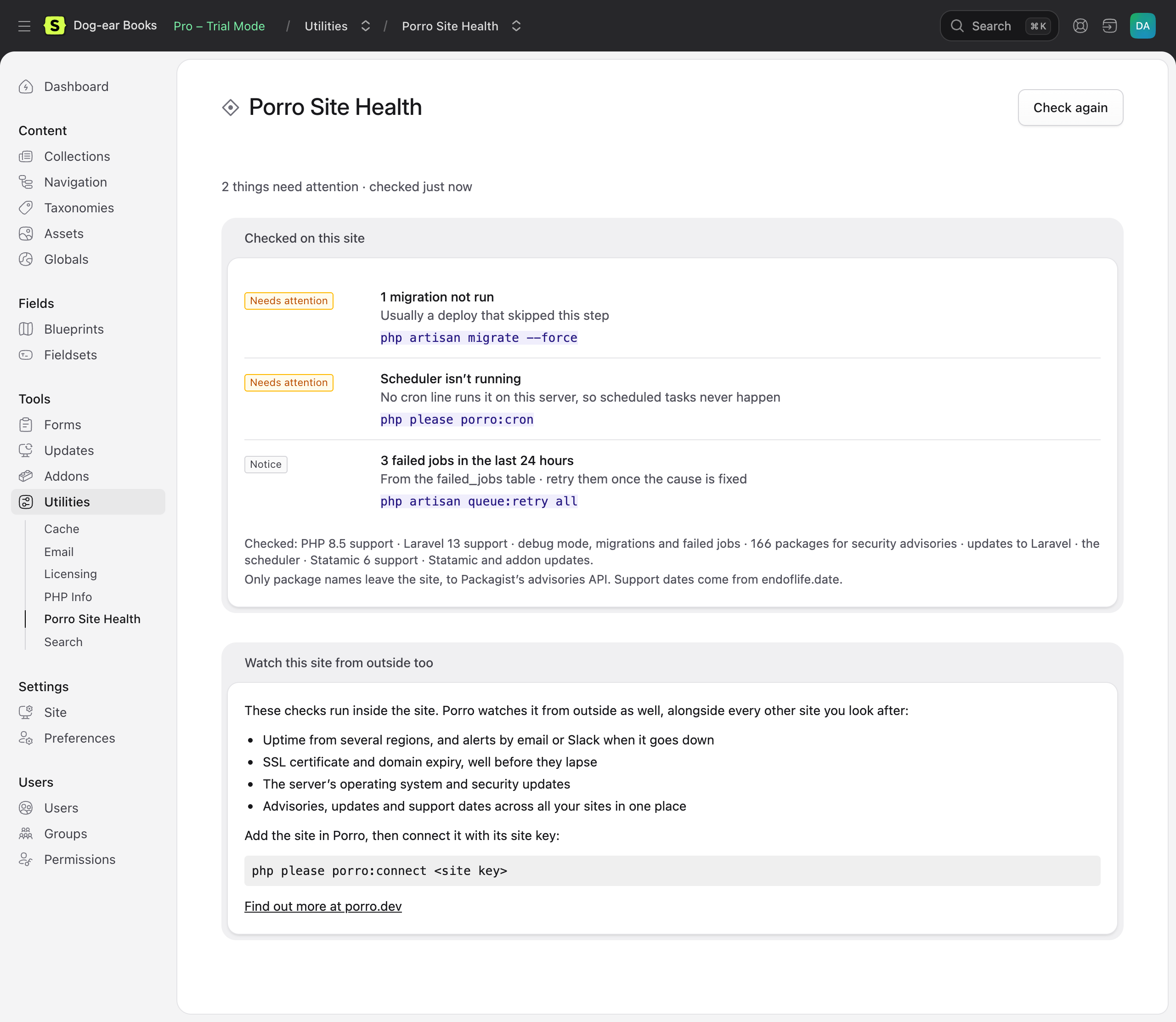 Utilities → Porro Site Health on a Statamic 6 site that isn't connected to Porro: a migration not run, the scheduler not running and three failed jobs, each with the command that fixes it