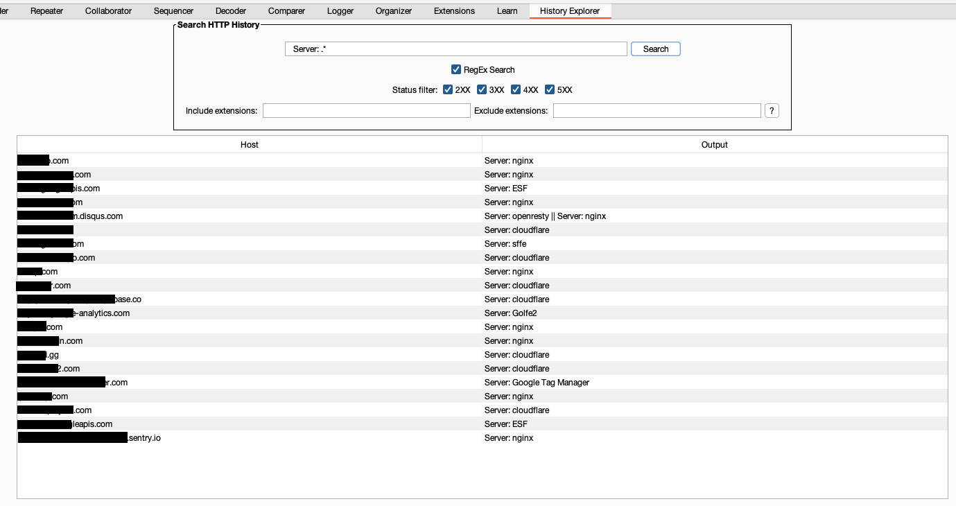 Searching with regex for the Server header.