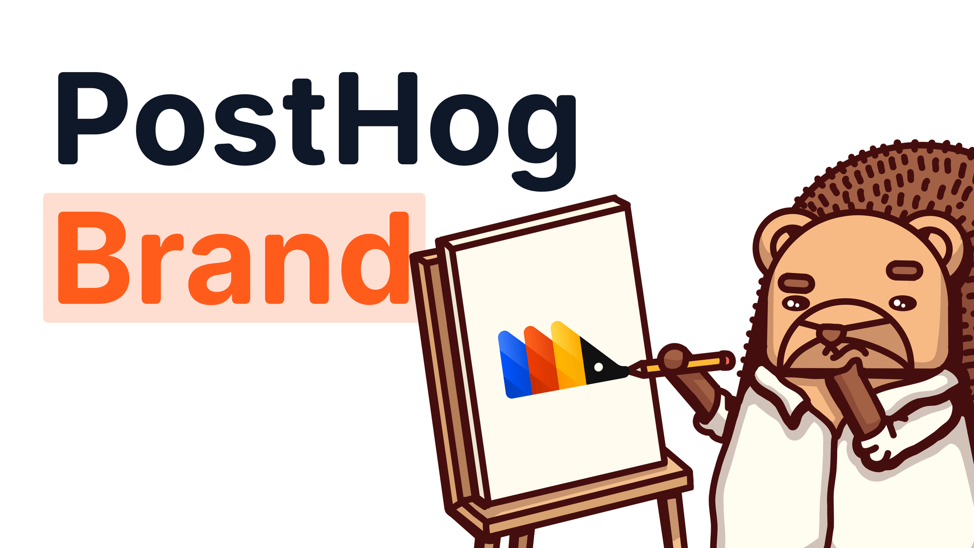 PostHog 공식 브랜드 이미지 — 고슴도치 마스코트가 이젤에 PostHog 로고를 그리는 일러스트