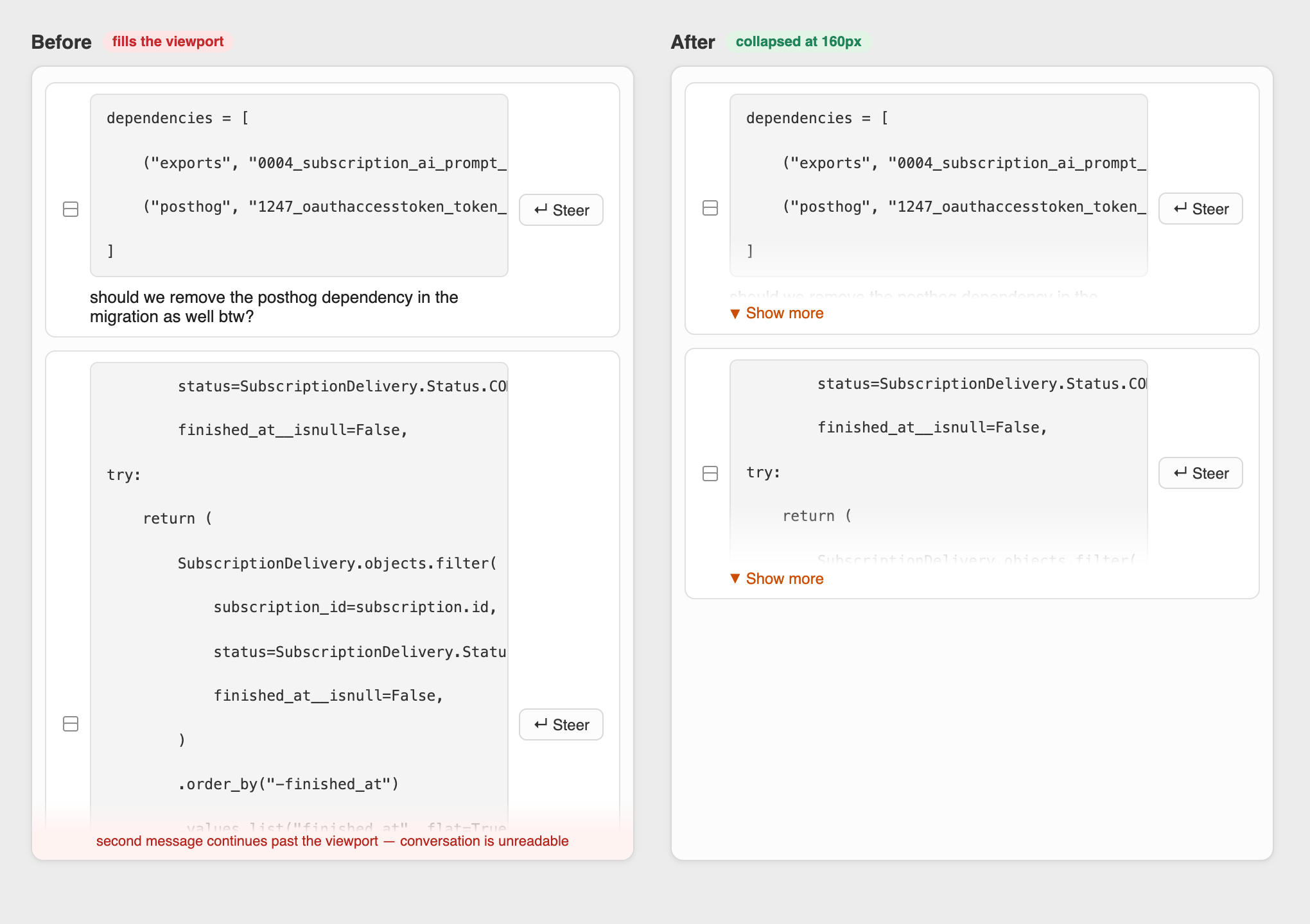 Before / after: two queued messages with large pasted code, uncollapsed vs collapsed at 160px