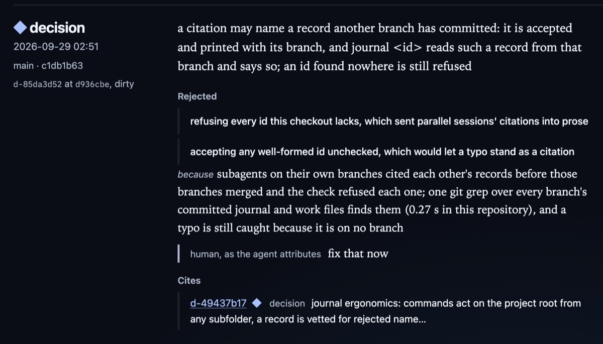 A decision record in the Journal view: the choice, two rejected alternatives, the reason, the human's words as the agent attributes them, and a citation of an earlier decision.