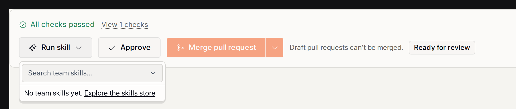 PR skill picker with a link to the skills store