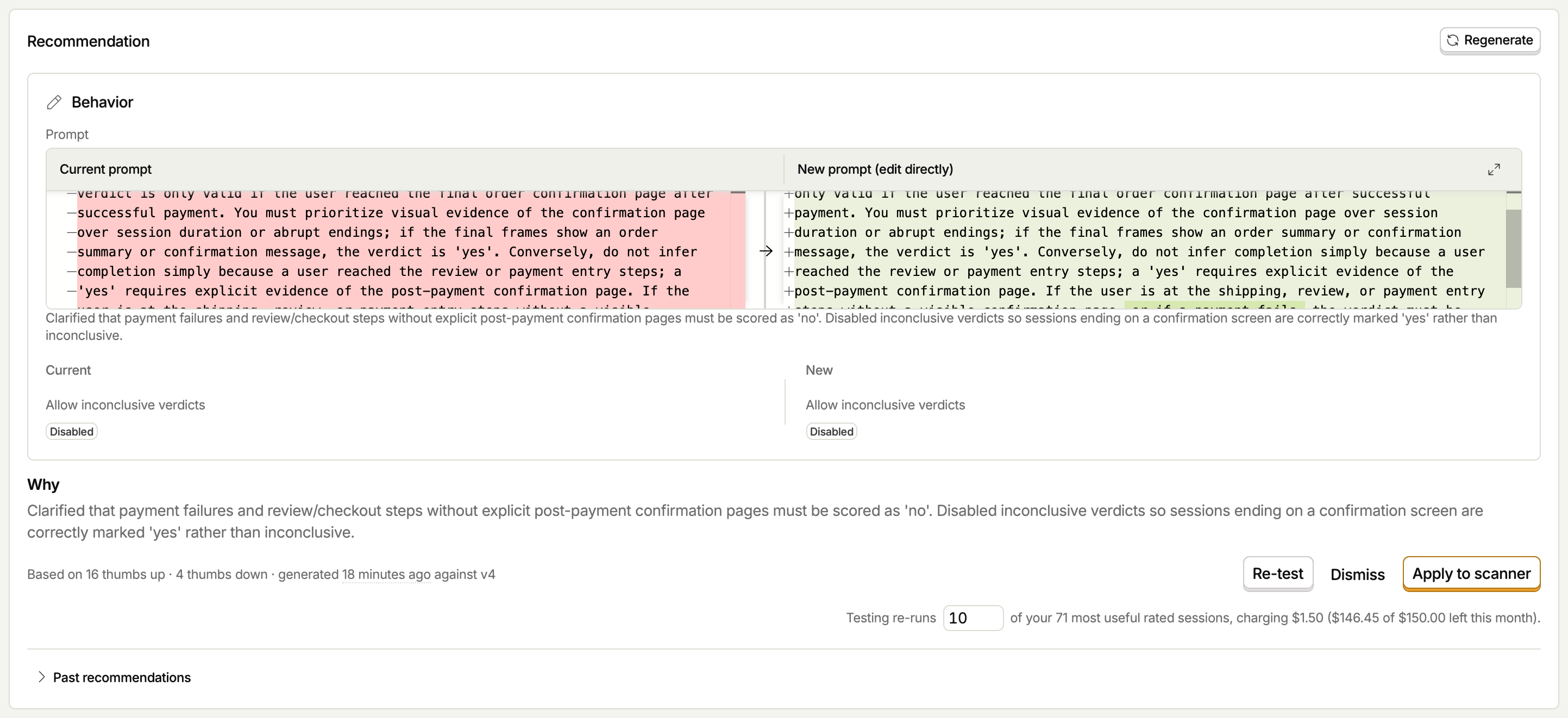 A configuration recommendation with a diff and rationale