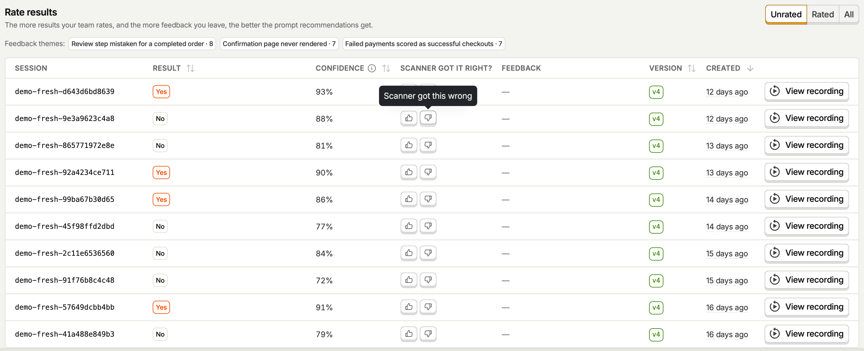 Rating scanner results with a thumbs up or down