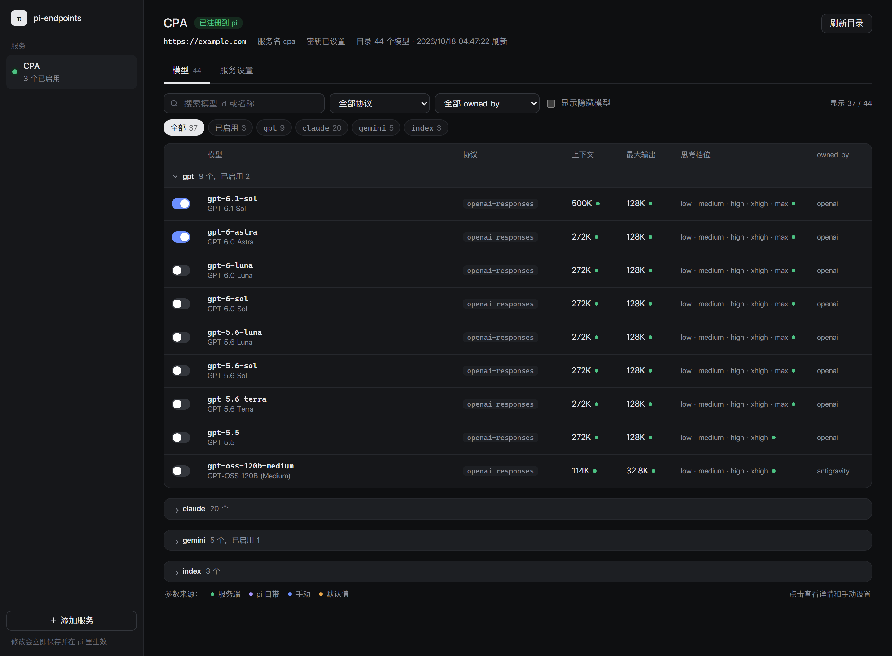 管理页的模型列表:gpt 组展开,显示开关、协议、上下文、最大输出和思考档位