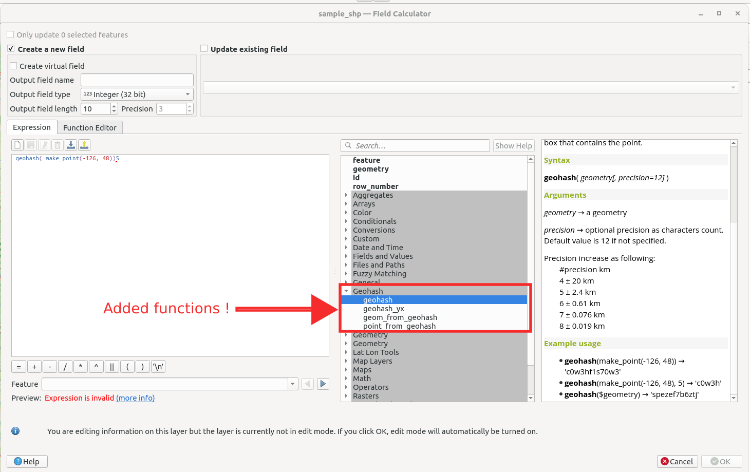 Screenshot of where are the expressions function add in the field calcultor