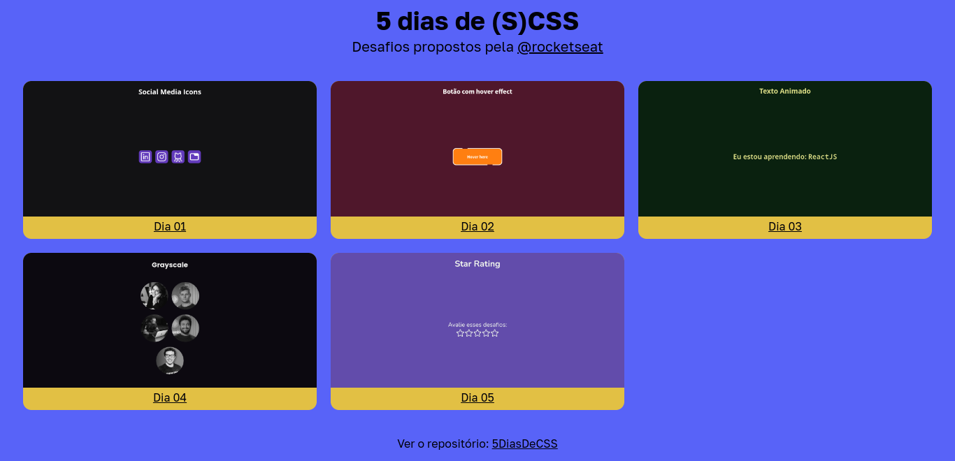 Imagem de fundo roxo do site principal do projeto 5 Dias De CSS, mostrando todos os projetos do dia 1 ao 5 em cartões amarelos.