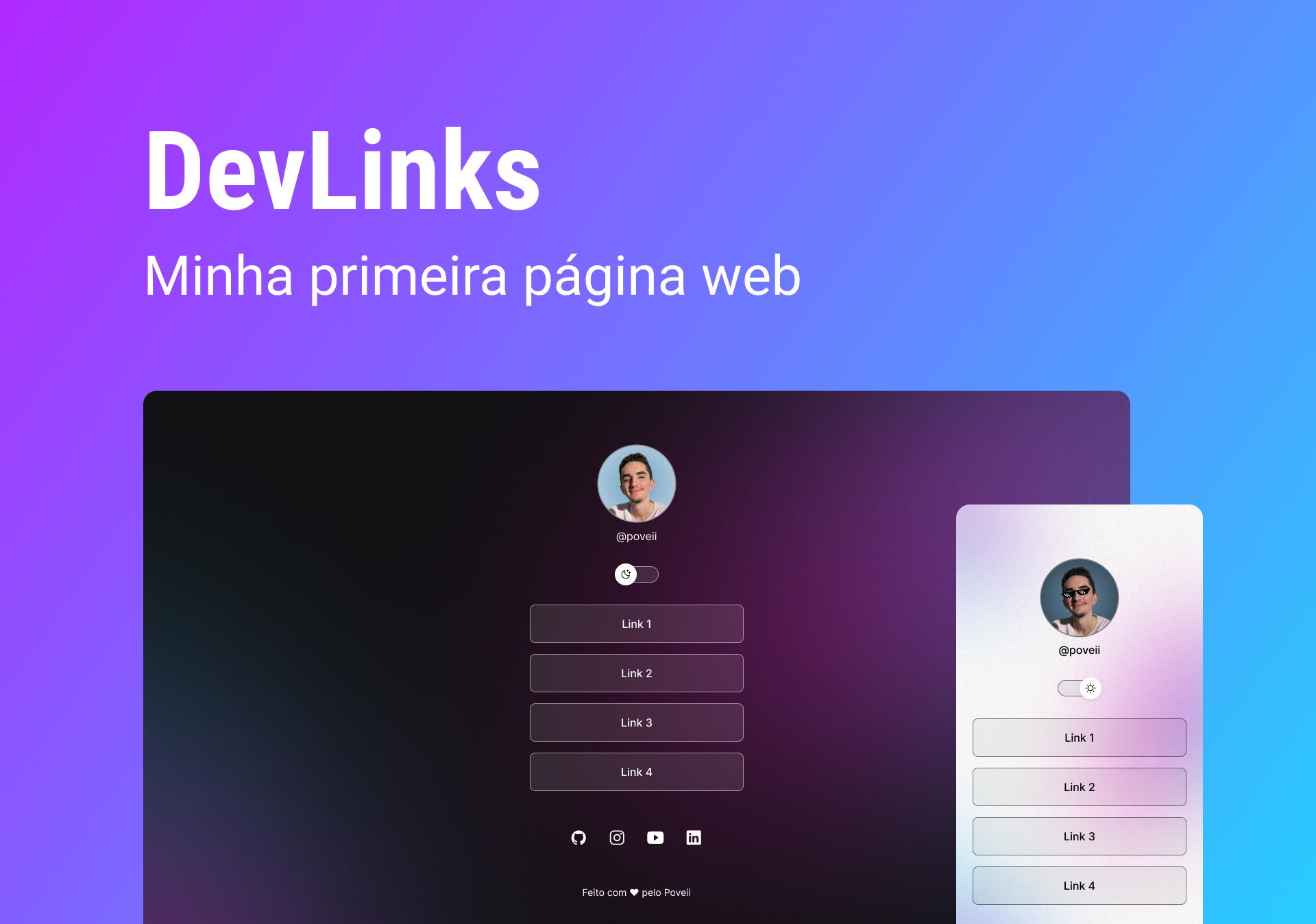 Imagem de fundo degradê do roxo para o azul claro com um título 'DevLinks' acima e logo abaixo 'Minha primeira página web', com a apresentação do site abaixo