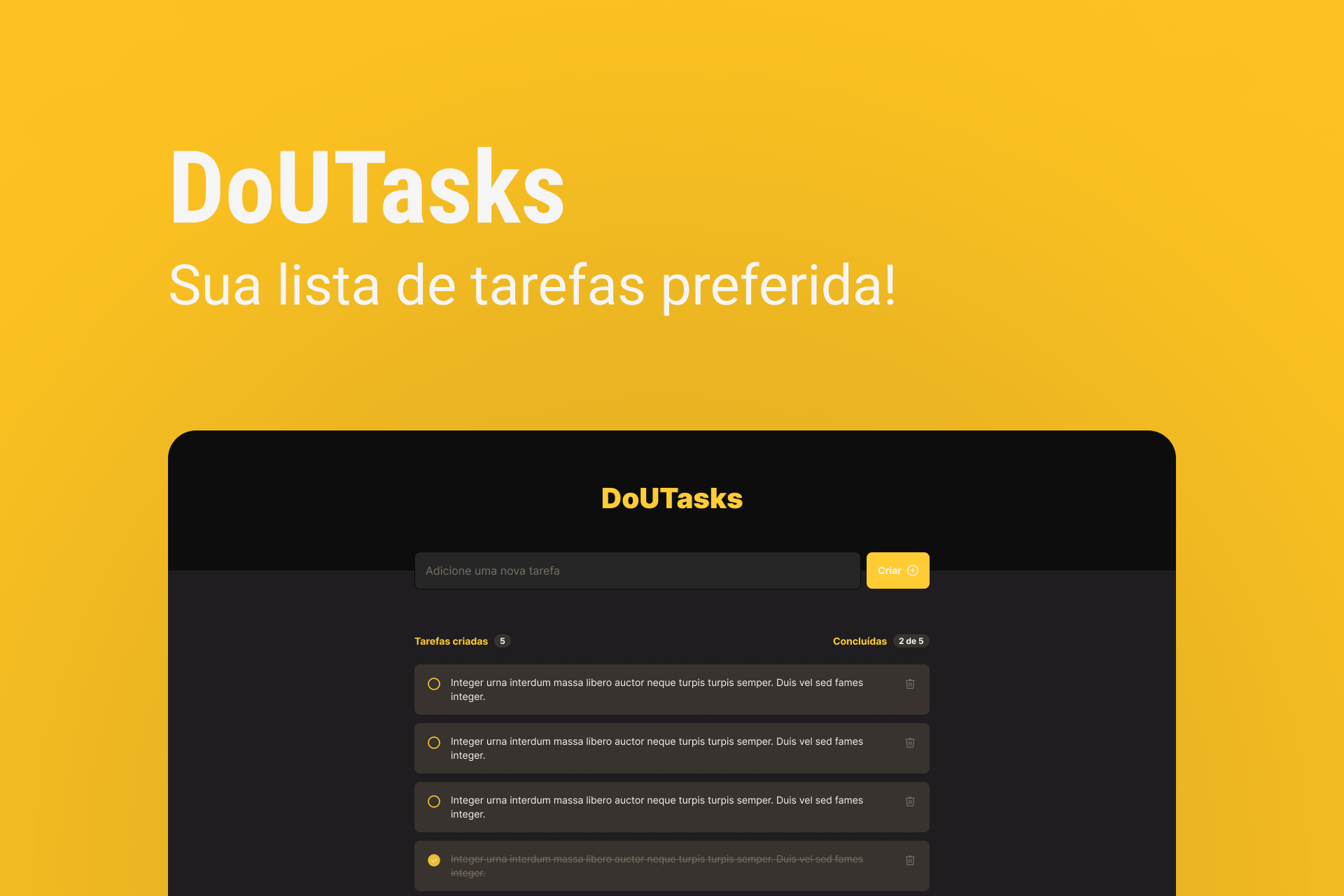 Imagem de fundo amarelo do projeto DoUTasks abaixo e um título 'DoUTasks' acima logo abaixo 'Sua lista de tarefas preferida!'
