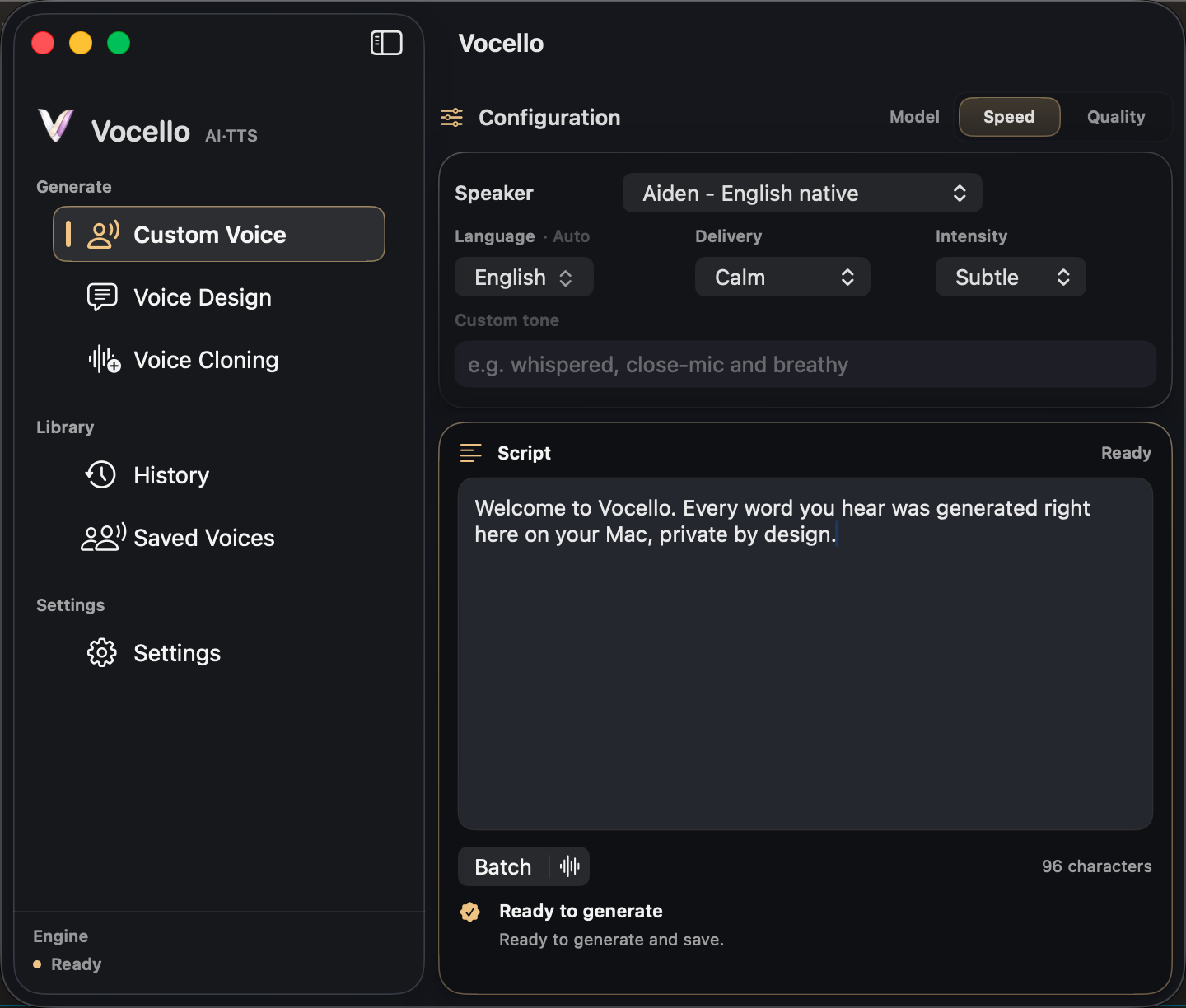 Vocello Studio with a script, a chosen speaker, and a generated take ready to play
