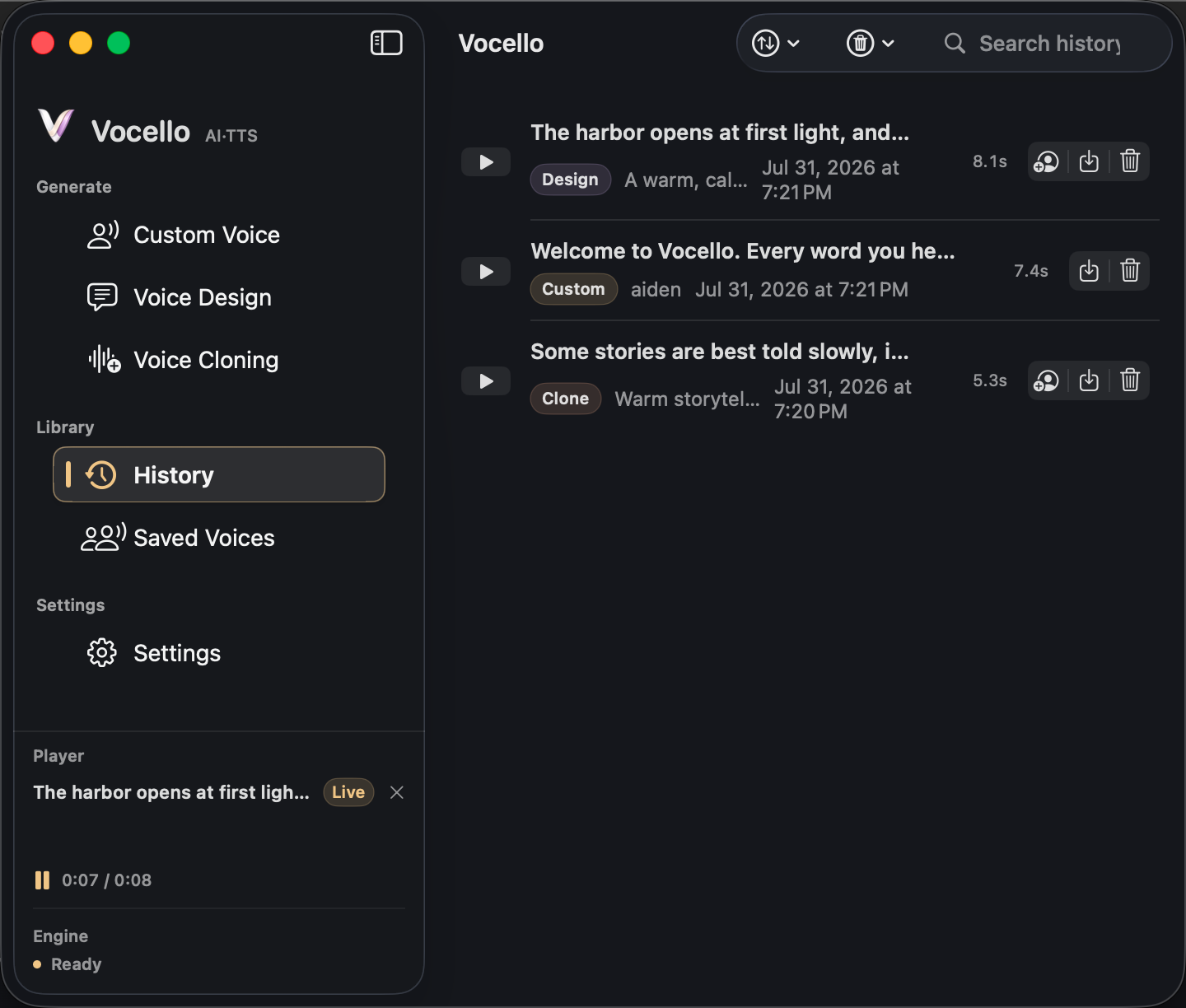 Vocello History screen