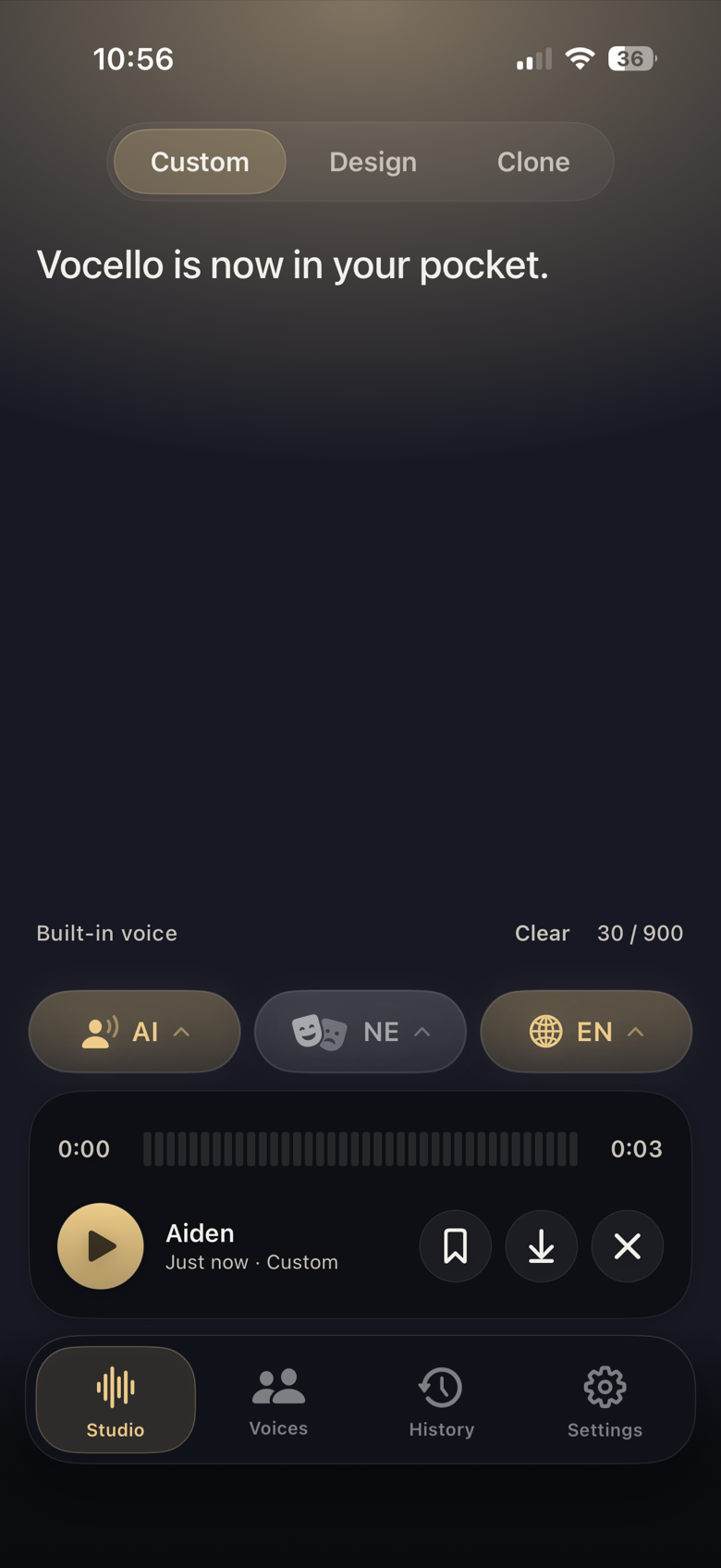 Vocello Studio running on iPhone
